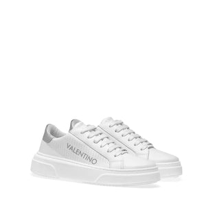 VALENTINO Lace Up Sneaker in white hide and silver inlay