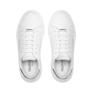 VALENTINO Lace Up Sneaker in white hide and silver inlay