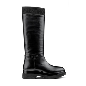 VALENTINO Flatform Boots in black calfskin with logo band and chunky sole