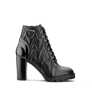 VALENTINO Lace up ankle boots in black faux leather matelassé